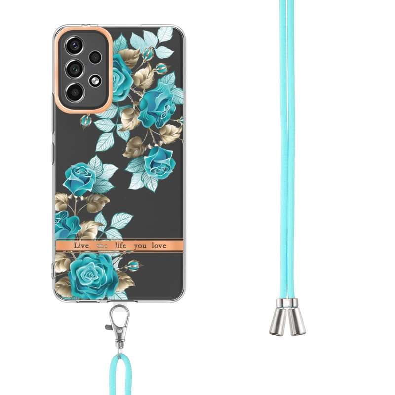 For Samsung Galaxy A53 5G Flowers Series TPU Phone Case with Lanyard(Blue Rose)