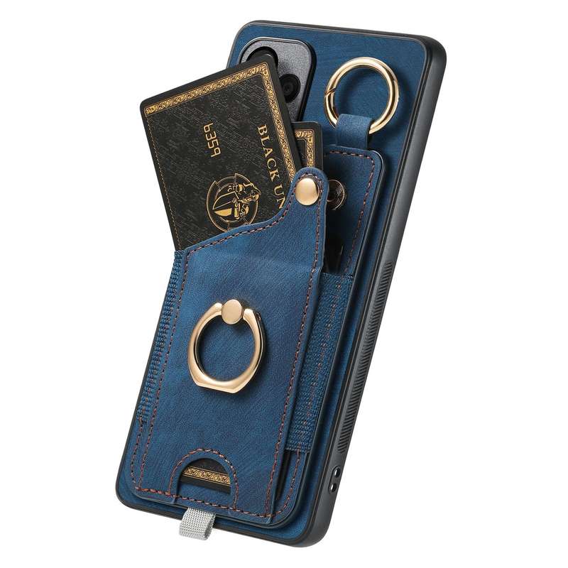 For Samsung Galaxy A73 5G Retro Skin-feel Ring Card Bag Phone Case with Hang Loop(Blue)