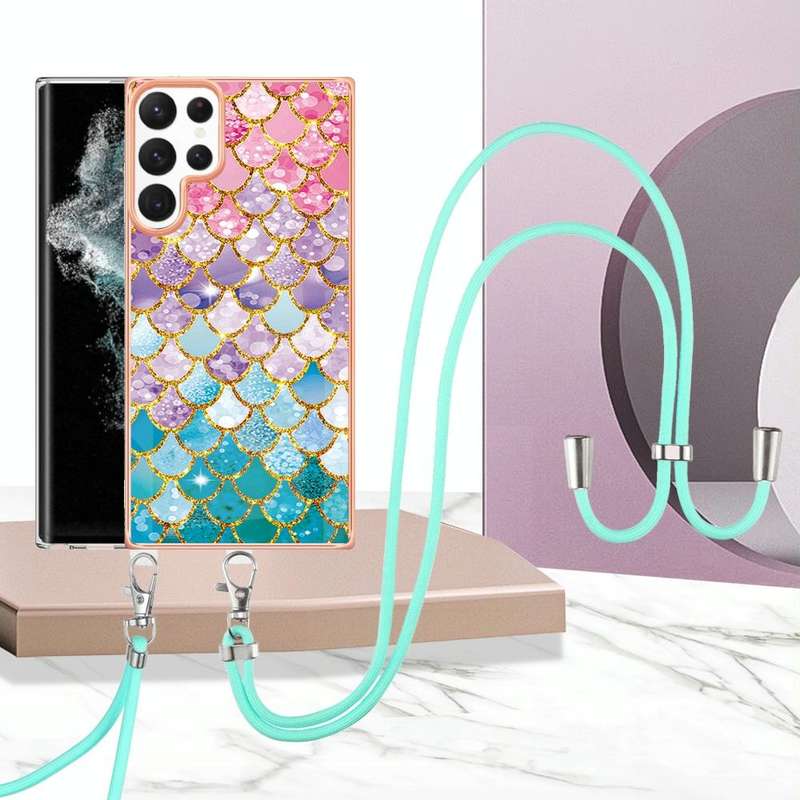 For Samsung Galaxy S22 Ultra 5G Electroplating IMD TPU Phone Case with Lanyard(Colorful Scales)