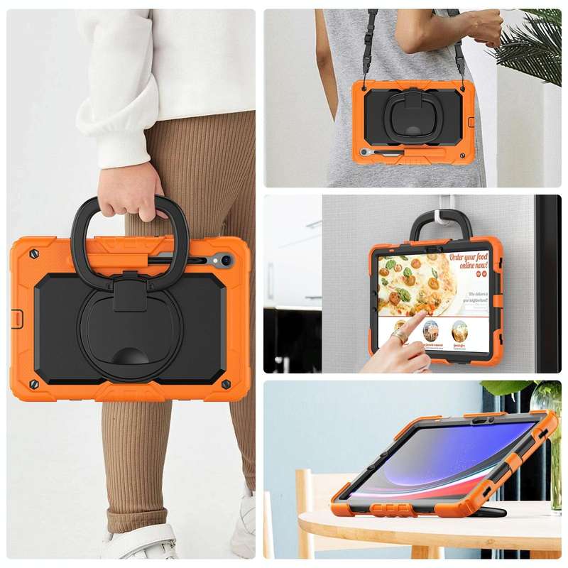 For Samsung Galaxy Tab S9 D Type Silicone Hybrid PC Tablet Case with Handle Holder(Orange)