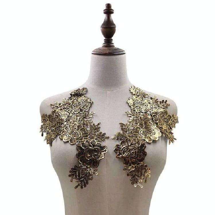 Gold 1 Pair Three-dimensional Hollow Flower Embroidery Collar Flower DIY Clothing Accessories, Un...