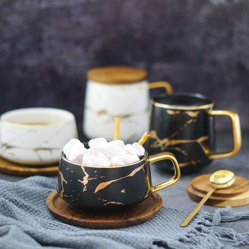 Marble Matte Gold Series Ceramic Tea Cup Coffee Mug With Wooden Lid Or Tray(Black with Tray)