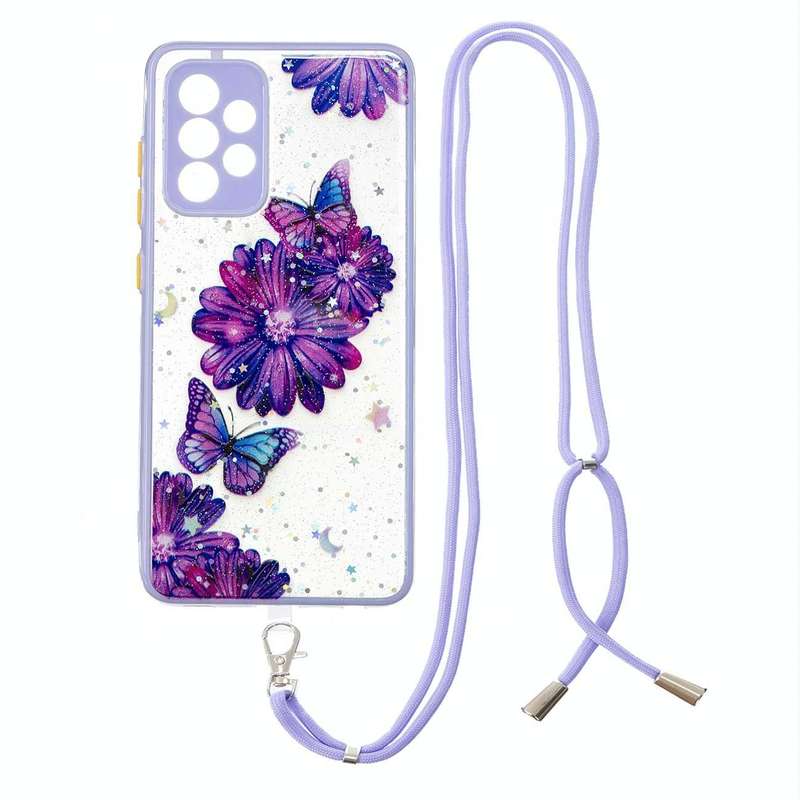 For Samsung Galaxy A73 5G Starry Sky Epoxy TPU Phone Case with Neck Lanyard(Purple Butterfly)