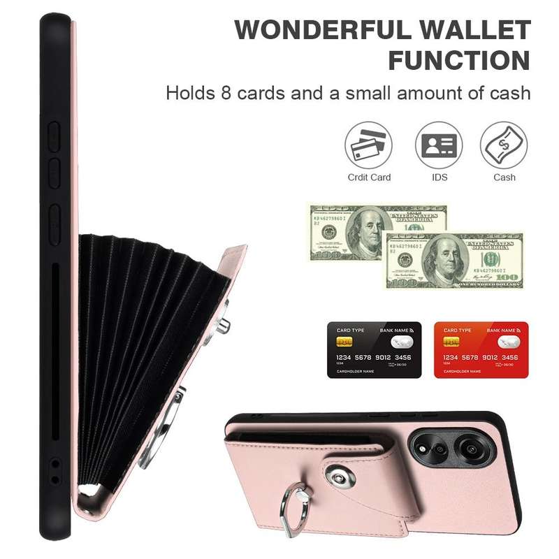 For OPPO A78 4G Global Organ Card Bag Ring Holder PU Phone Case with Lanyard(Pink)