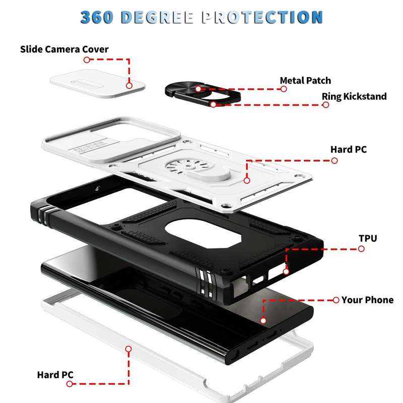 For Samsung Galaxy S24 Ultra 5G Sliding Camshield TPU + PC Phone Case with Holder(White+Black)
