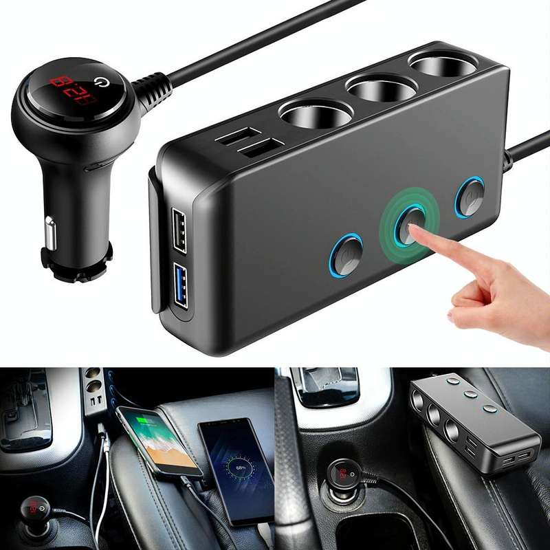 Car Cigarette Lighter Car Charger 3USB Port +1 QC3.0 + 3 Cigarette Lighter Ports + Back Clip Desi...