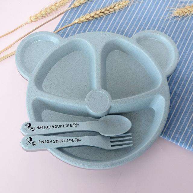 3 PCS/Set Baby Bowl+Spoon+Fork Feeding Food Tableware Cartoon Bear Kids Dishes Eating Dinnerware(...