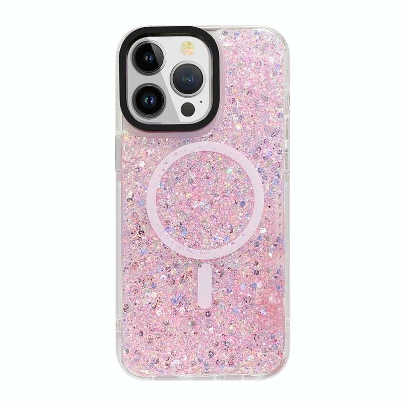 For iPhone 15 Pro Max Gold Armor MagSafe Glitter Epoxy Phone Case(Pink)