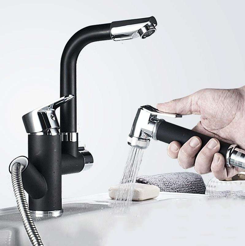 Kitchen Pull-Out Double Faucet Water Table Hot And Cold Water Faucet, Specification: Wheel Bendin...