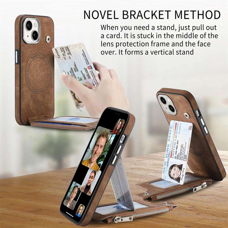 For iPhone 15 Magsafe Zipper RFID Wallet All-inclusive Shockrpoof Phone Case(Brown)