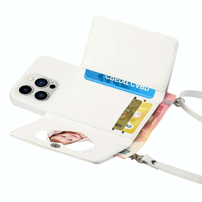 For iPhone 14 Pro Crossbody Lanyard Wallet Card Bag Phone Case(White)