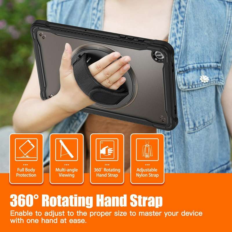 For Samsung Galaxy Tab A9+ X210/X215 Heavy Duty Hybrid Tablet Case with Handle & Strap(Clear Black)