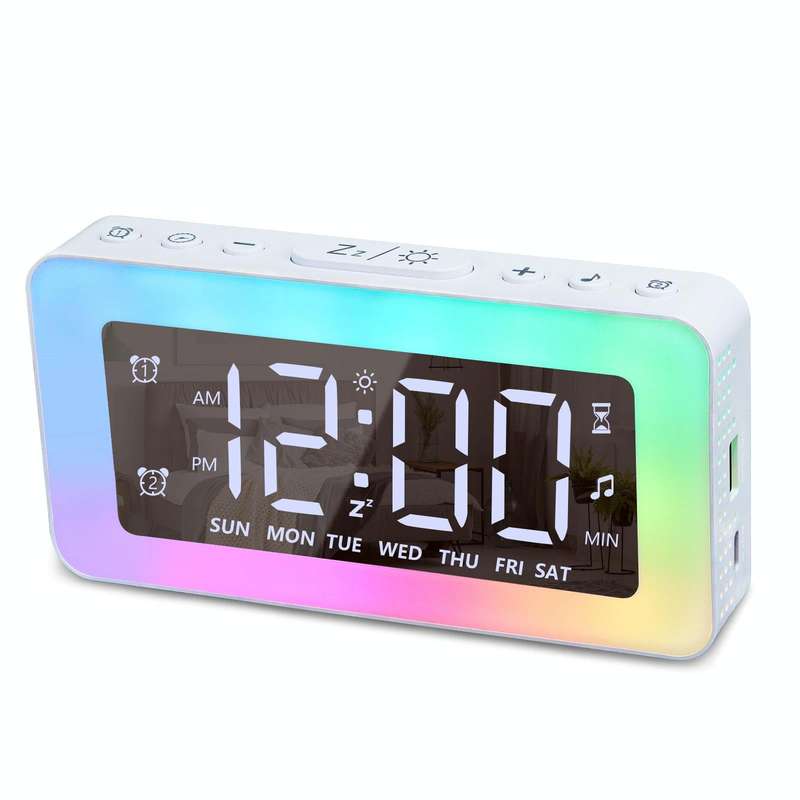 Color Changing LED Light Mirror Alarm Clock Built-in 8 Natural Music(White)
