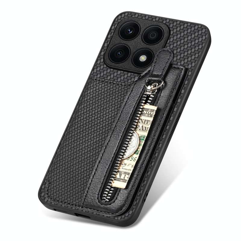 For Honor X8A Carbon Fiber Horizontal Flip Zipper Wallet Phone Case(Black)