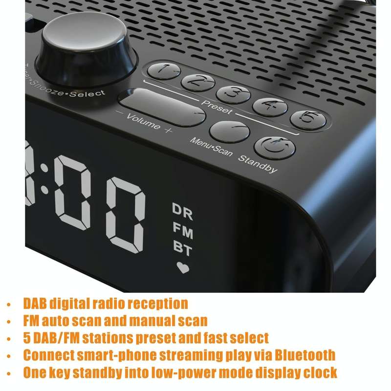 DAB-A5 LED Display Bedside DAB/FM Clock Radio with Bluetooth Speaker, EU Version(Black)