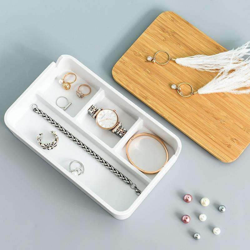 Jewelry Storage Box Bamboo Lid Compartment With Mirror Cosmetic Box(White)
