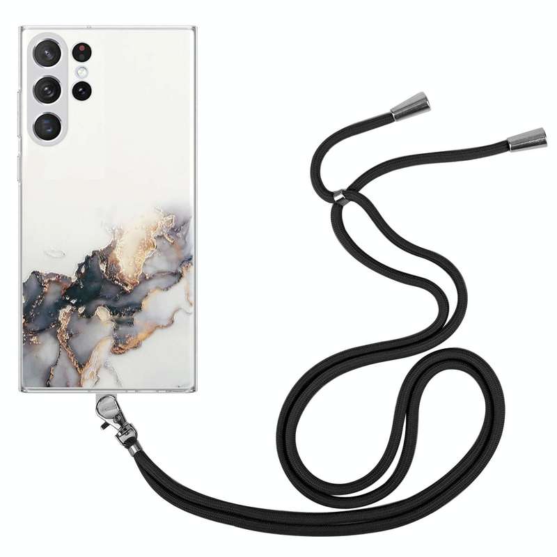 For Samsung Galaxy S23 Ultra 5G Hollow Marble Pattern TPU Shockproof Phone Case with Neck Strap R...