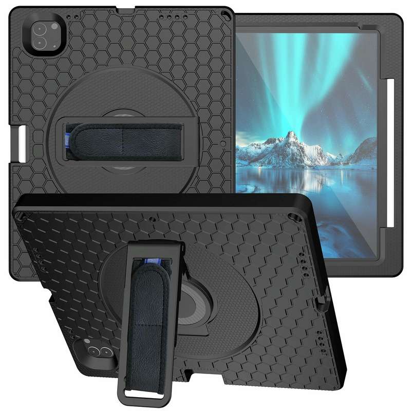 For iPad Pro 12.9 inch 2019 / 2021 / 2022 360 Rotation Stand EVA Hard PC Tablet Case with Strap(B...