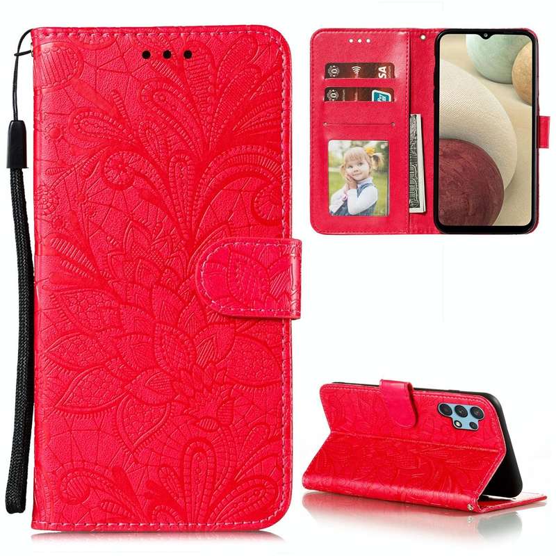 For Samsung Galaxy A32 4G Lace Flower Embossing Pattern Horizontal Flip Leather Case with Holder ...