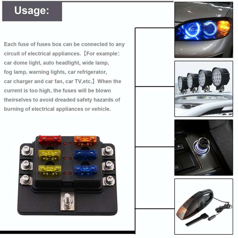 1 in 6 Out 6 Way Circuit Fuse Box Screw Terminal Section Fuse Holder Kits with LED Warning Indica...