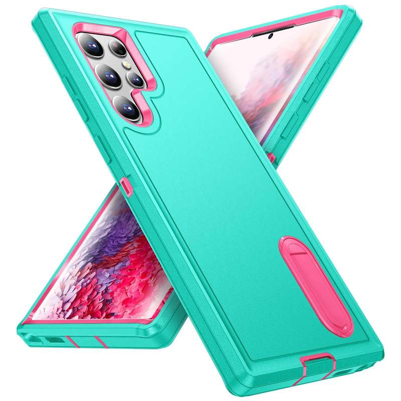 For Samsung Galaxy S22 Ultra 5G 3 in 1 Rugged Holder Phone Case(Blue+Pink)