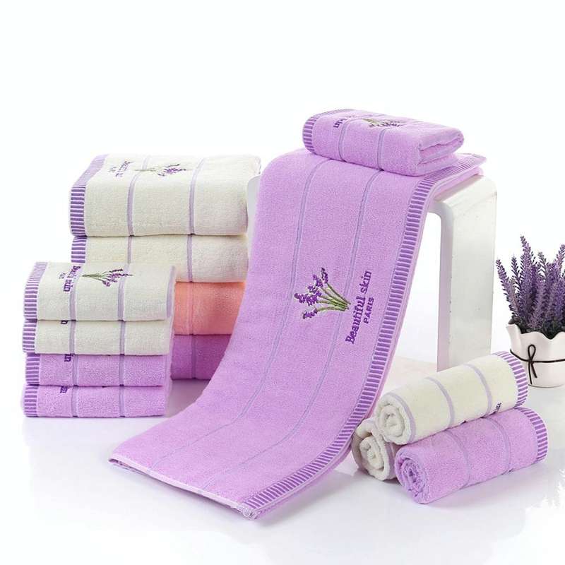 Pure Cotton Thicken Stripe Face Towels Lavender Pattern Absorbent Face Towels(Purple)