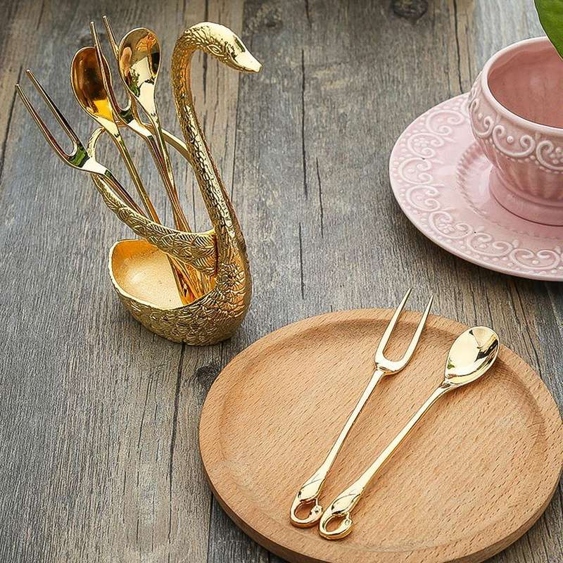 Swan Fruit Fork And Spoon Set Dessert Fork Fruit Fork Rack Tableware Wedding Gift, Colour: Silver...