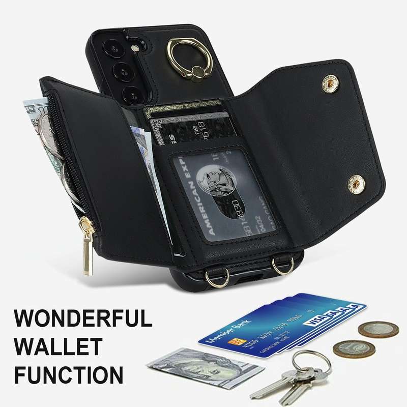 For Samsung Galaxy S22+ 5G Zipper Card Bag Phone Case with Dual Lanyard(Black)