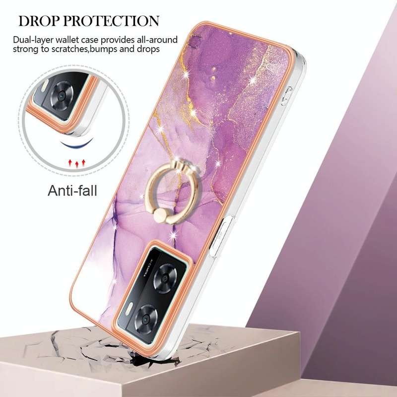 For OPPO A57 4G/A77 5G Taiwan/K10 5G Global Electroplating Marble IMD TPU Phone Case with Ring Ho...