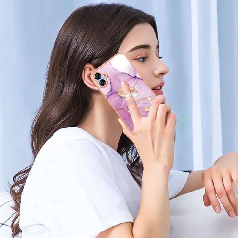 For Samsung Galaxy A04e Electroplating Marble IMD TPU Phone Case with Ring Holder(Purple 001)