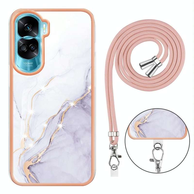 For Honor 90 Lite 5G Electroplating Marble Dual-side IMD Phone Case with Lanyard(White 006)