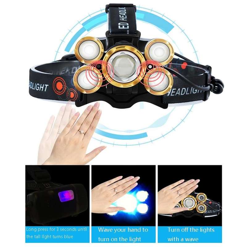 Rechargeable Waterproof Outdoor Headlight Zoom Sensor Light, Colour: Golden Induction (2 Batterie...