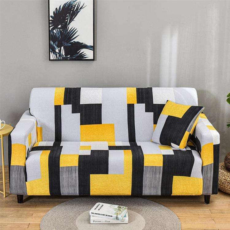 Double Seat Full Coverage Elastic Non-slip Sofa Cover(Black Gray Grid)