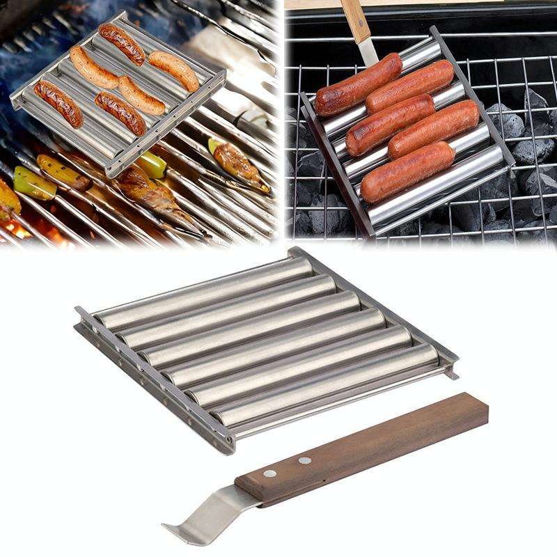 Hot Dog Sausage Grill Stainless Steel Wooden Handle BBQ Rack Kitchen Tools(Boxed)