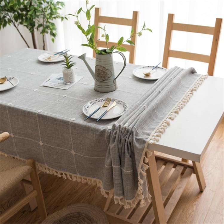Square Lattice Embroidered Tablecloth Pure Color Cotton Linen Tassel Rectangular Coffee Table Mat...