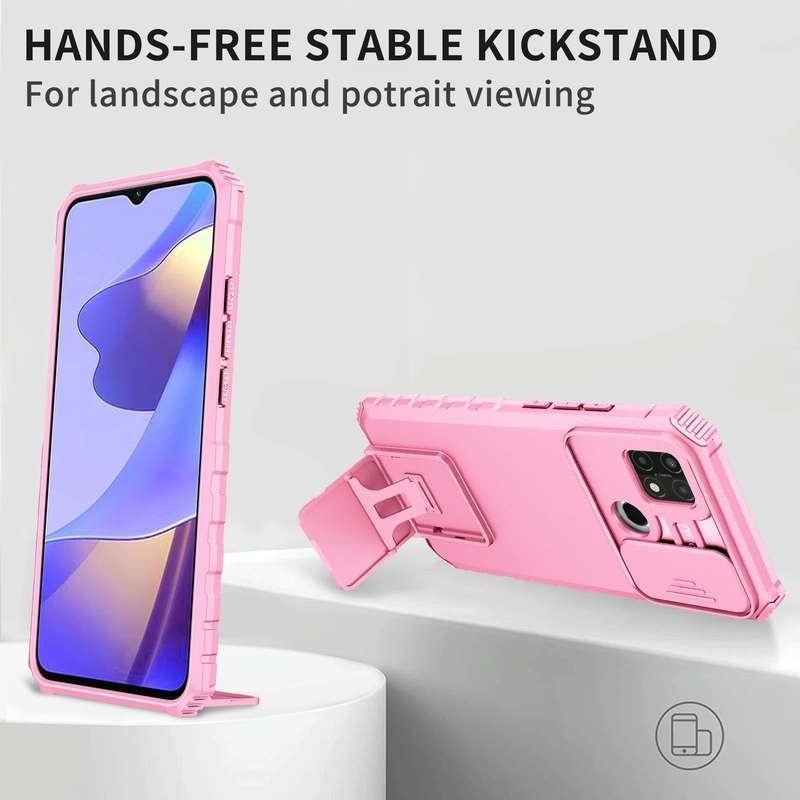 For OPPO A15 Stereoscopic Holder Sliding Camshield Phone Case(Pink)