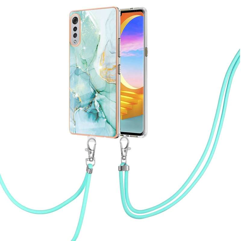 For LG Velvet 4G / 5G / G9 Electroplating Marble Pattern IMD TPU Shockproof Case with Neck Lanyar...