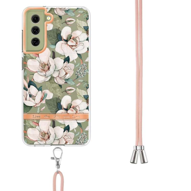For Samsung Galaxy S21 FE 5G Flowers Series TPU Phone Case with Lanyard(Green Gardenia)