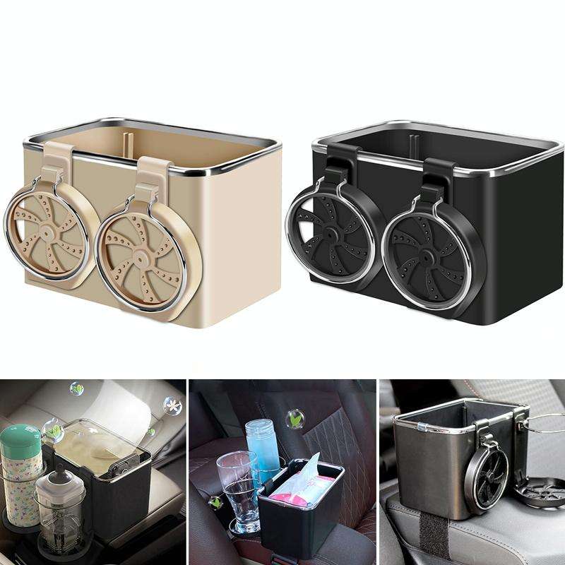 Car Paper Box Hanging Armrest Box Storage Box Cup Holder(Black Double Cup)