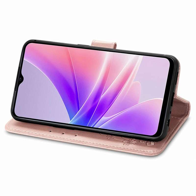 For OPPO A77 Four-leaf Clasp Embossed Buckle Leather Phone Case(Rose Gold)