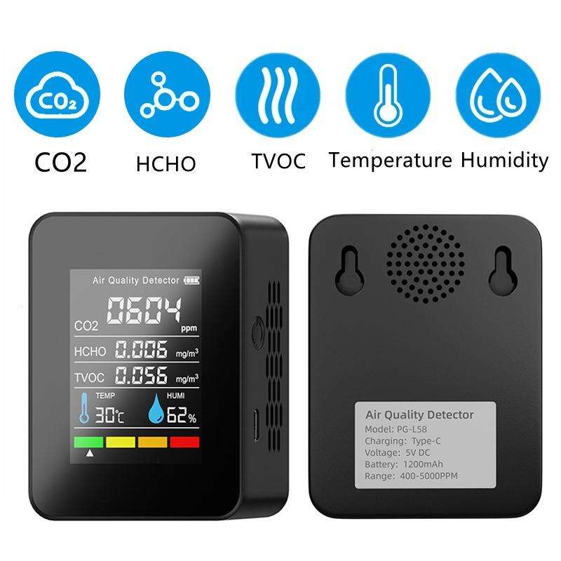 5 In 1 Temperature Humidity TVOC HCHO CO2 Large Screen Display Power Digital Air Quality Monitor(...