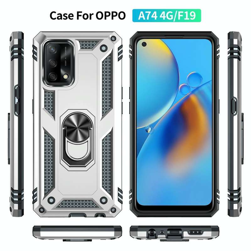 For OPPO A74 4G / F19 Shockproof TPU + PC Protective Case with 360 Degree Rotating Holder(Silver)