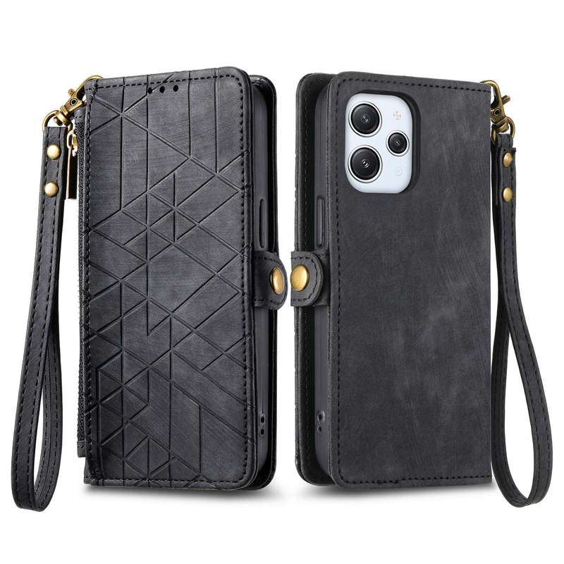 For Xiaomi Redmi 12 Geometric Zipper Wallet Side Buckle Leather Phone Case(Black)