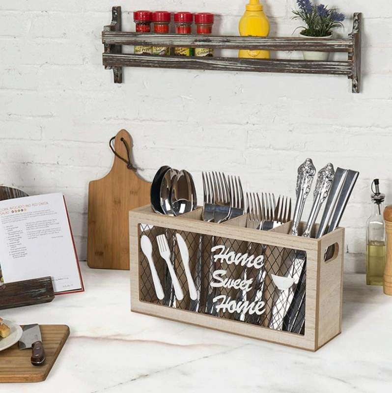 Kitchen Wooden Tableware Cutlery Storage Box(29.5x8x15cm)