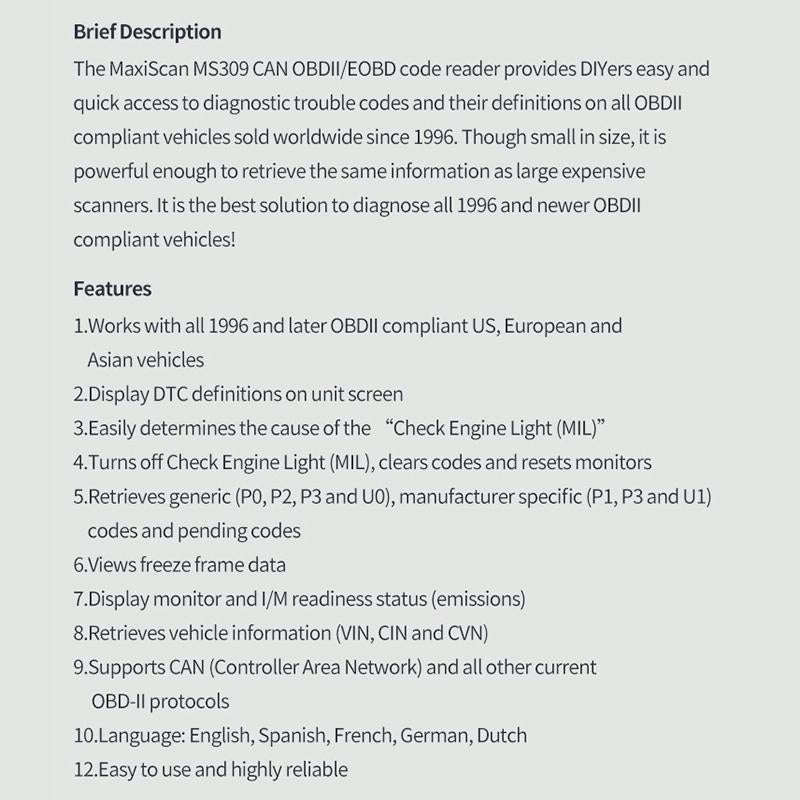 MaxiScan MS309 OBDII / EOBD Fault Coder Reader