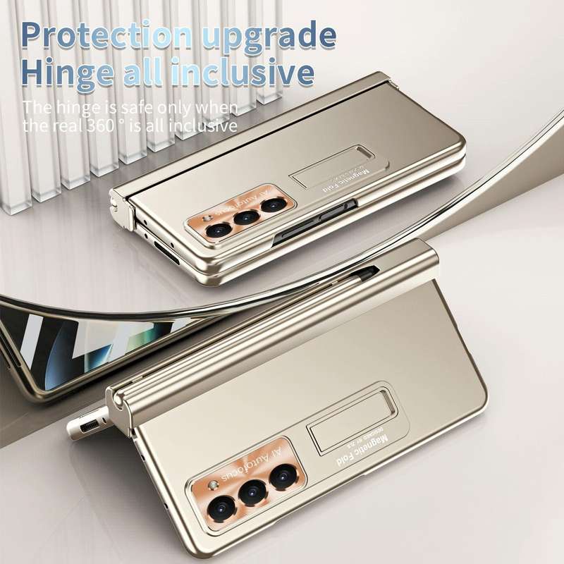 For Samsung Galaxy Z Fold5 Electroplating Corrugated Hinge Folding Phone Case with Pen Slot(Gold)