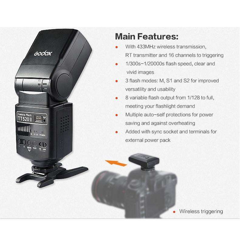 Godox TT520II 433MHZ Wireless 1/300s-1/2000s HSS Flash Speedlite Camera Top Fill Light for Canon ...