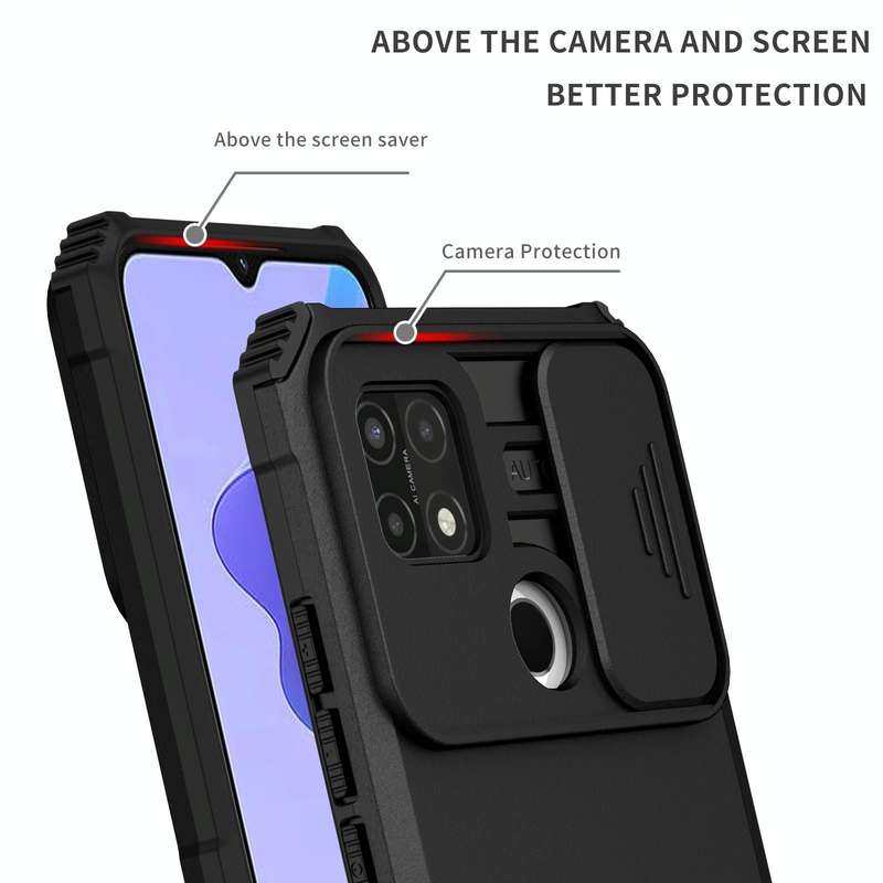 For OPPO A15 Stereoscopic Holder Sliding Camshield Phone Case(Black)