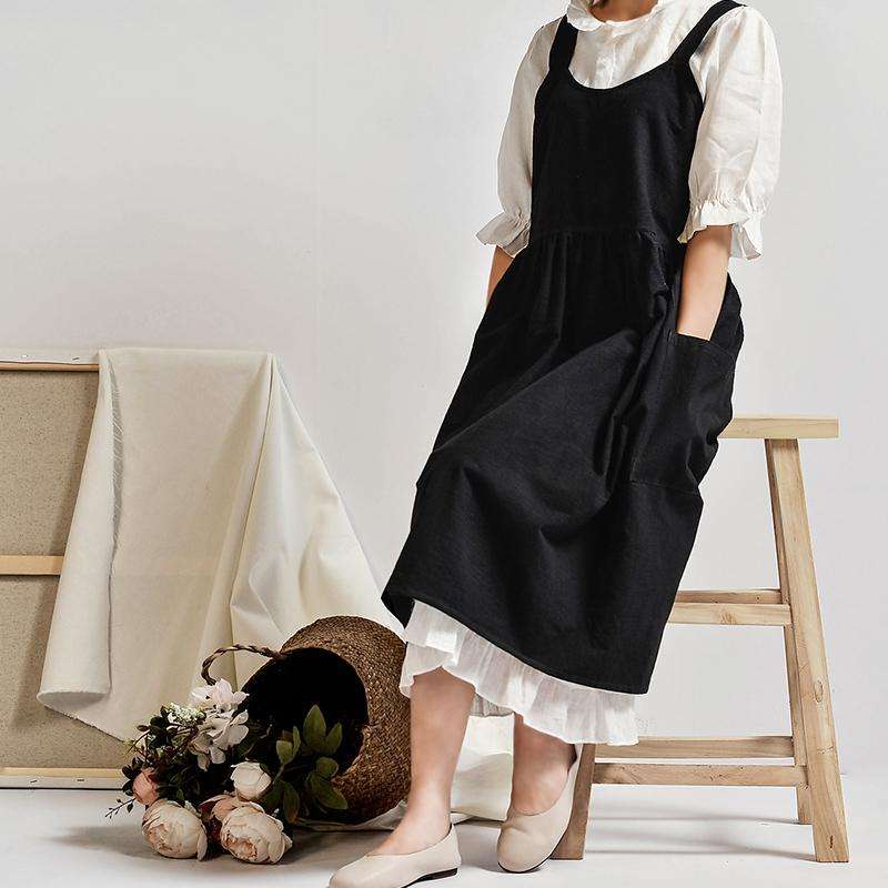 High Waist Cotton Linen Solid Color Apron(Black)