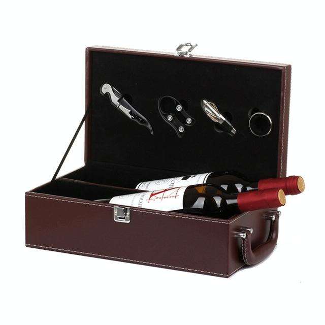 Wine Gift Box Double Stick with Tools Wine Gift Box Leather Box(Brown)